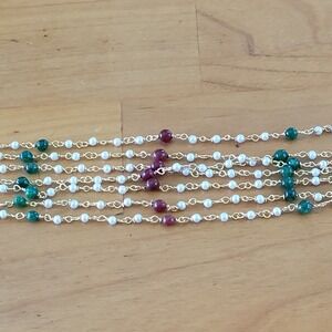 Vintage Multi Strand Pearl Red Green Bead Gold Tone Bib Necklace 17"